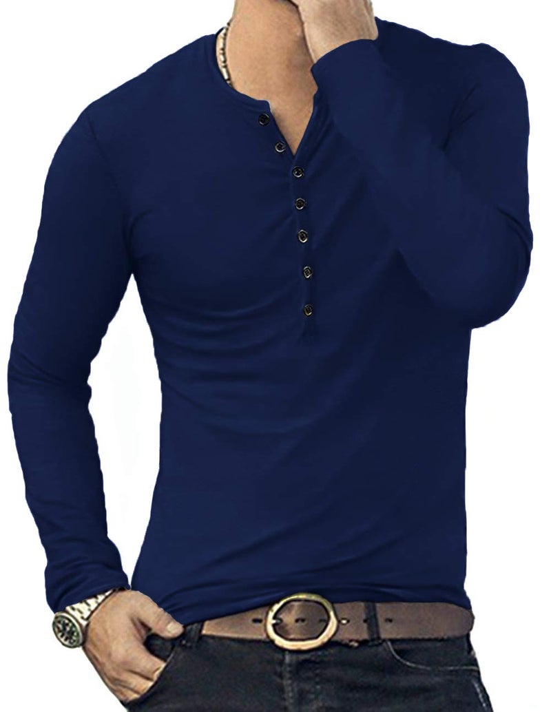 YTD Mens Casual Slim Fit Basic Henley Long Sleeve Fashion T-Shirt S Navy - Image 4